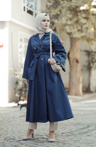 Trench Coat With Pockets And Sleeve Detailed Navy Blue 9034-03