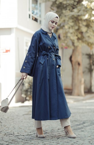 Trench Coat With Pockets And Sleeve Detailed Navy Blue 9034-03