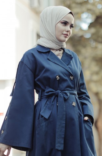 Trench Coat With Pockets And Sleeve Detailed Navy Blue 9034-03