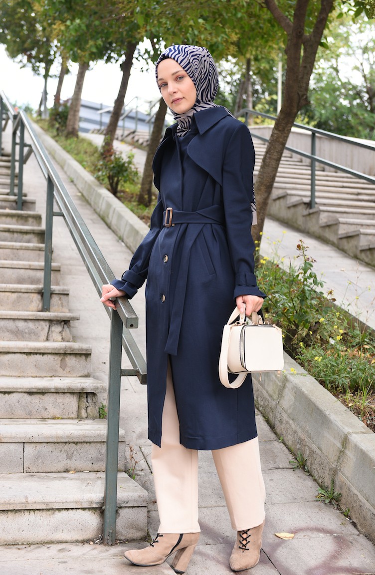 Belted Short Trench Coat Navy Blue 90005 03 Sefamerve