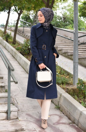 Belted Short Trench Coat Navy Blue 90005-03