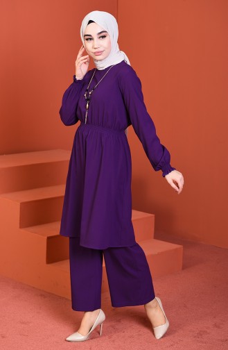 Waist Elastic Tunic Trousers Double Set Purple 1205-02