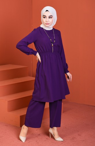 Waist Elastic Tunic Trousers Double Set Purple 1205-02