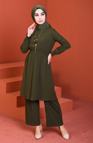 Waist Elastic Tunic Trousers Double Set Khaki 1205-03