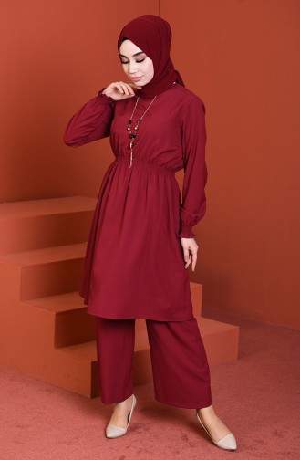 Waist Elastic Tunic Trousers Double Set Cherry Color 1205-06