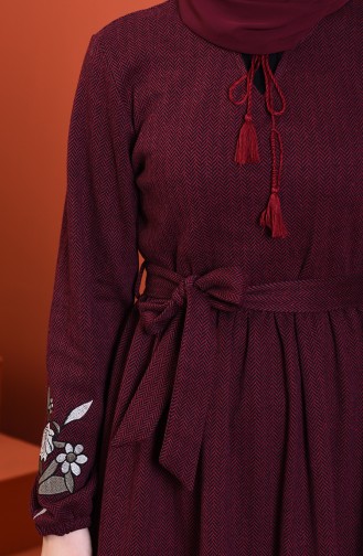 فستان بأكمام منقوشة أحمر كلاريت 0330-03