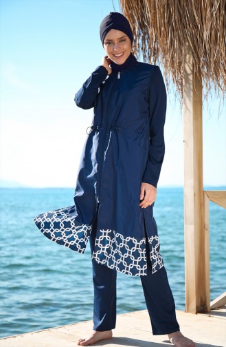 Waist Pleated Hijab Swimwear Navy Blue 1997-01