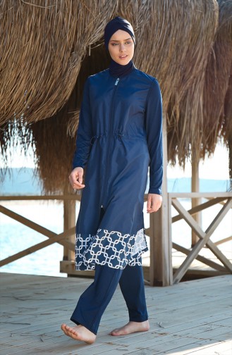 Waist Pleated Hijab Swimwear Navy Blue 1997-01