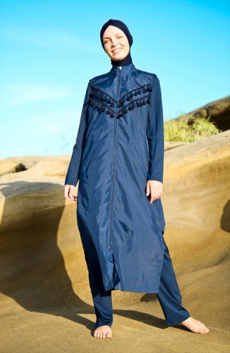 Tasseled Hijab Swimwear Navy Blue 1998-01