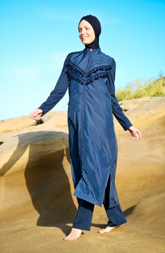 Tasseled Hijab Swimwear Navy Blue 1998-01