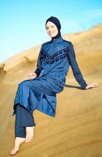 Tasseled Hijab Swimwear Navy Blue 1998-01