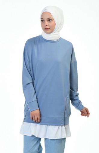 Zipper Detailed Sweatshirt Blue 0755-01