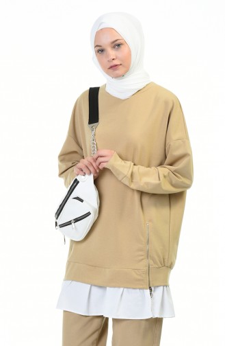 Zipper Detailed Sweatshirt Beige 0755-02