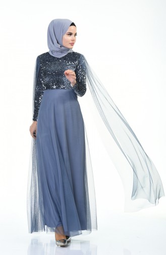 Sequined Tulle Evening Dress Indigo 3901-01