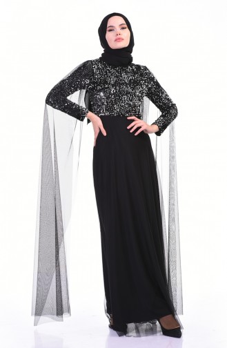 Sequined Tulle Evening Dress Black Silver 3901-04