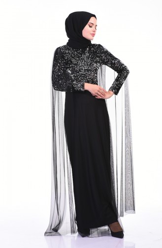 Sequined Tulle Evening Dress Black Silver 3901-04