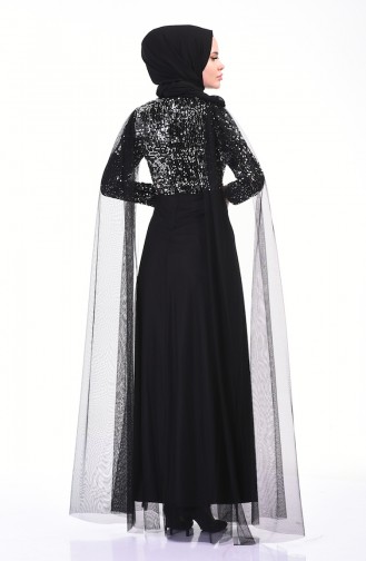 فستان سهرة مزين بالترتر وتول أسود وفضي 3901-04