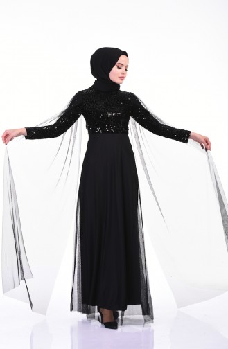 فستان سهرة مزين بالترتر وتول أسود 3901-06