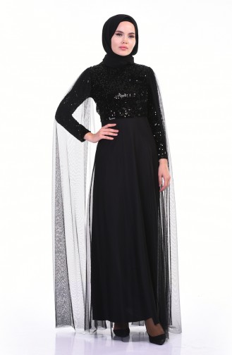 Sequined Tulle Evening Dress Black 3901-06