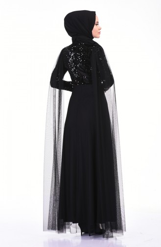 Sequined Tulle Evening Dress Black 3901-06