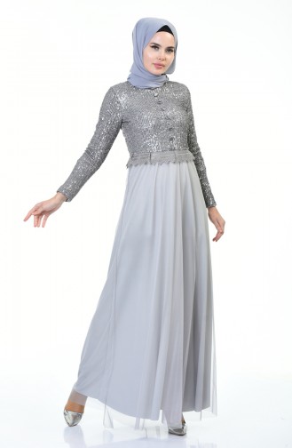 Sequined Evening Dress Silver Gray 3910-01