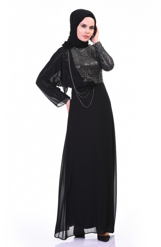 Chain Detailed Evening Dress Black Silver 3932-02
