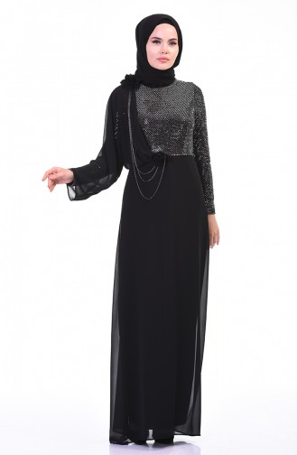 Chain Detailed Evening Dress Black Silver 3932-02
