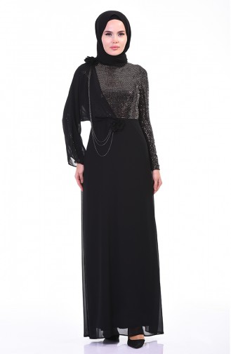 Chain Detailed Evening Dress Black Copper 3932-01