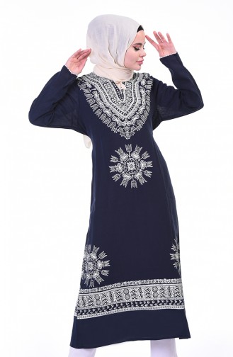 Printed Long Tunic Navy Blue 0217-02