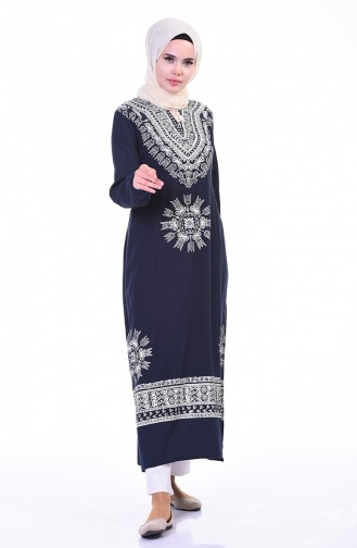 Printed Long Tunic Navy Blue 0217-02