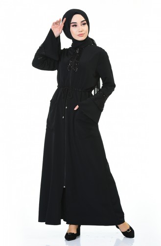 Sequined Waist Pleated Abaya Black 0001-01