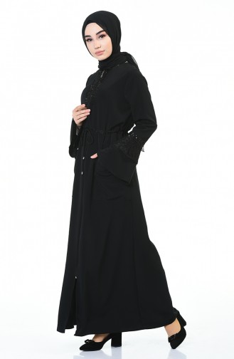 Sequined Waist Pleated Abaya Black 0001-01