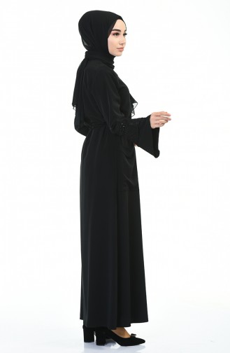 Sequined Waist Pleated Abaya Black 0001-01