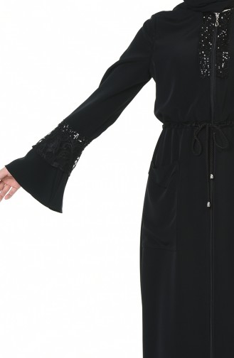 Sequined Waist Pleated Abaya Black 0001-01