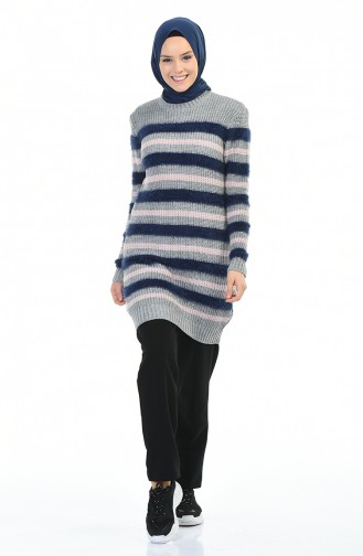 Tricot Silvery Sweater Gray Navy Blue 8039-03