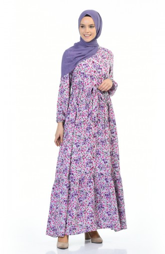 Flower Patterned Pleated Dress Gray Purple 0010F-01