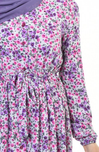 Flower Patterned Pleated Dress Gray Purple 0010F-01