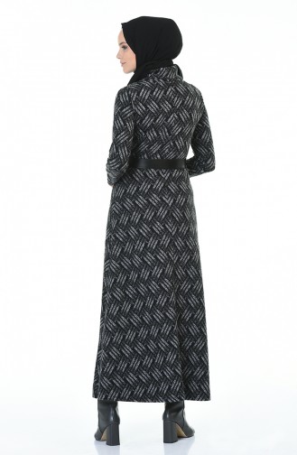 Turtleneck Belted Winter Dress Black Gray 5488B-01