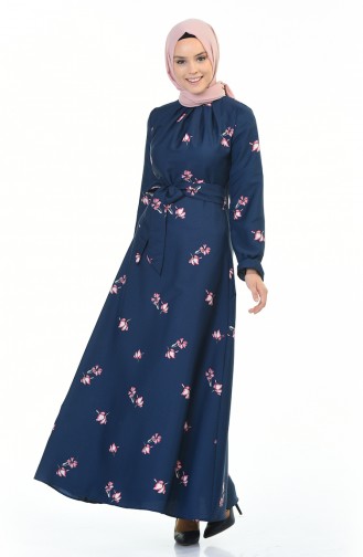 Flower Patterned Belted Dress Navy Blue 60055-01