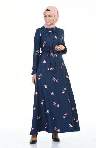 Flower Patterned Belted Dress Navy Blue 60055-01