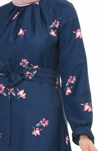 Çiçek Desenli Kuşaklı Elbise 60055-01 Lacivert
