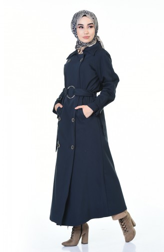 Buttoned Long Trench Coat Navy Blue 90004-01