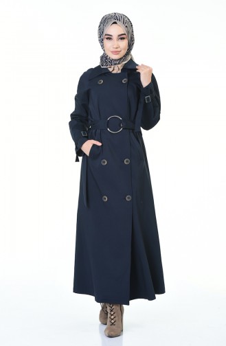 Buttoned Long Trench Coat Navy Blue 90004-01