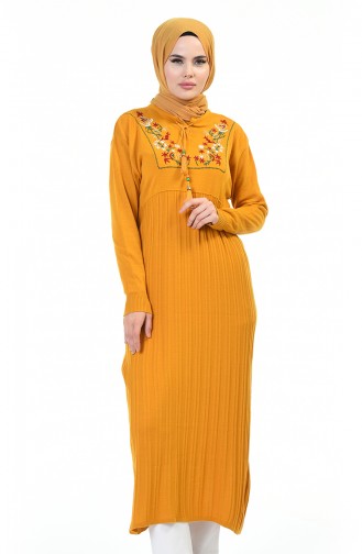 Embroidered Tricot Long Tunic Mustard 8019-03