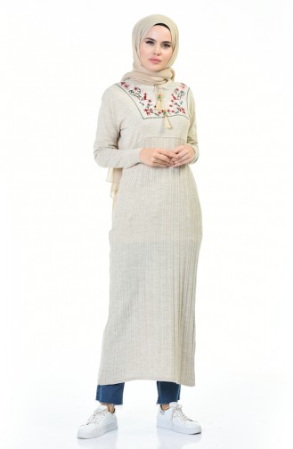 Embroidered Tricot Long Tunic Beige 8019-04