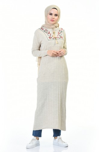Embroidered Tricot Long Tunic Beige 8019-04