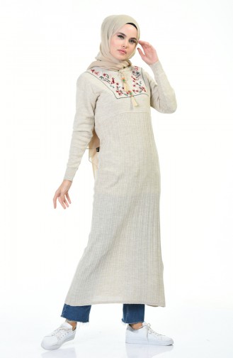 Embroidered Tricot Long Tunic Beige 8019-04