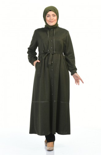 Big Size Buttoned Belted Abaya Khaki 8219-01