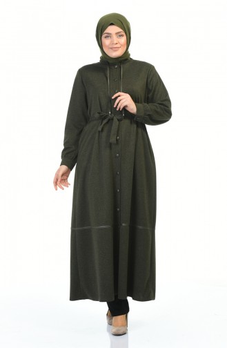 Big Size Buttoned Belted Abaya Khaki 8219-01