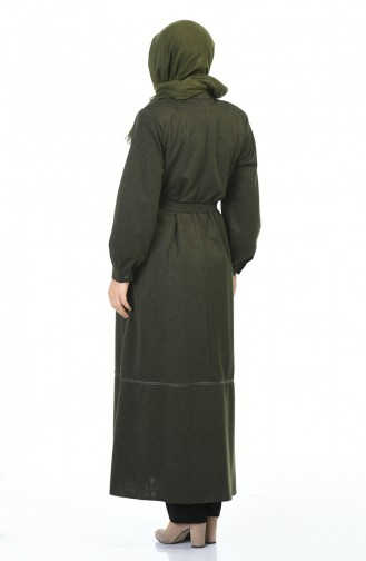 Big Size Buttoned Belted Abaya Khaki 8219-01